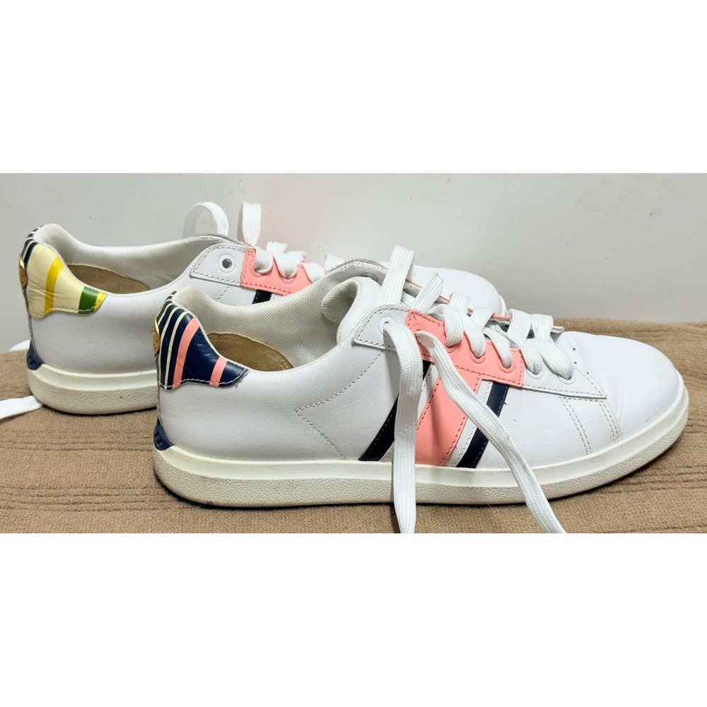 Tory Burch White Leather Sneakers Pink Black‎ Stripe Logo Back Size 8M